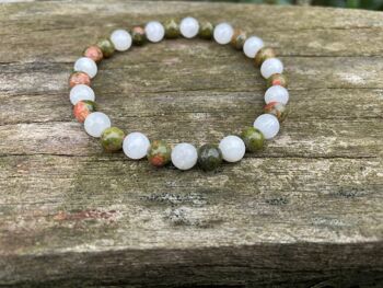 Bracelet élastique de lithothérapie en Pierre de Lune naturelle et Unakite - Sans breloque 1