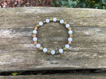 Bracelet élastique de lithothérapie en Pierre de Lune naturelle et Unakite - Sans breloque 3