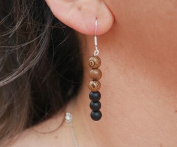 Boucles d'oreilles pendantes en Agate noire mate naturelle et bois Wengé 1