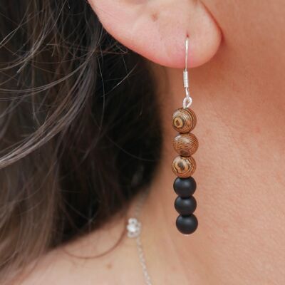 Boucles d'oreilles pendantes en Agate noire mate naturelle et bois Wengé