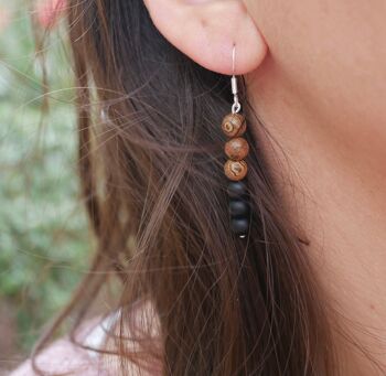 Boucles d'oreilles pendantes en Agate noire mate naturelle et bois Wengé 2