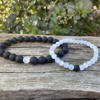 Elastic distance and couple bracelets in Moonstone and Lava Stone