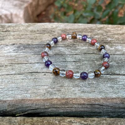 Lithotherapy elastic bracelet, Tiger Eye, Red Jasper, Amethyst and Rock Crystal protection