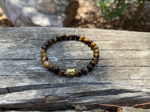 Bracelet élastique en Oeil de Tigre naturel + perle Bouddha - Tête bouddha dorée