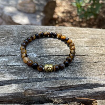 Bracelet élastique en Oeil de Tigre naturel + perle Bouddha - Tête bouddha dorée