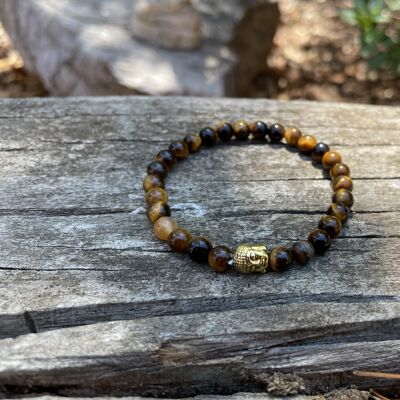 Elastisches Armband aus natürlichem Tigerauge + Buddha-Perle - Goldener Buddha-Kopf