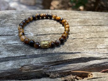 Bracelet élastique en Oeil de Tigre naturel + perle Bouddha - Tête bouddha dorée 2