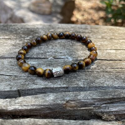 Bracelet élastique en Oeil de Tigre naturel + perle Bouddha - Tête bouddha argentée