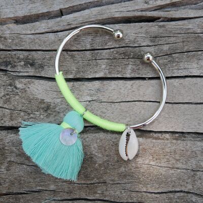 Silver bangle bracelet, pompom, mother-of-pearl and cowrie shell - Water green