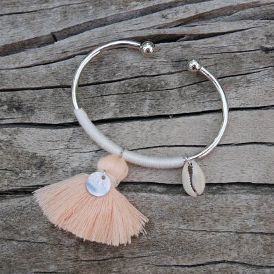 Silver bangle bracelet, pompom, mother-of-pearl and cowrie shell - Pastel pink