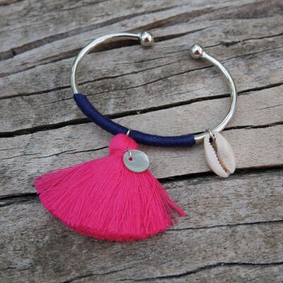 Silver bangle bracelet, pompom, mother-of-pearl and cowrie shell - Fuchsia pink