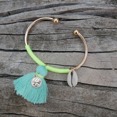 Golden bangle bracelet, pompom, coin and cowrie shell - Green water