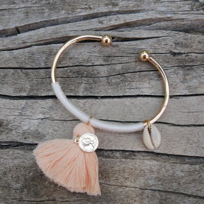 Golden bangle bracelet, pompom, coin and cowrie shell - Pastel pink