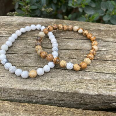 Elastic distance and couple bracelets in Agate Crazy Lace and white Howlite