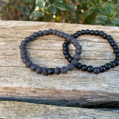 Elastic distance and couple bracelets in Lava Stone and Black Agate