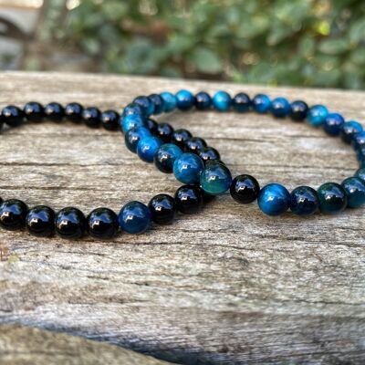 Elastic distance and couple bracelets in Onyx and Turquoise Blue Tiger's Eye
