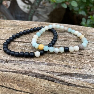 Elastic distance and couple bracelets in black Agate and Amazonite -