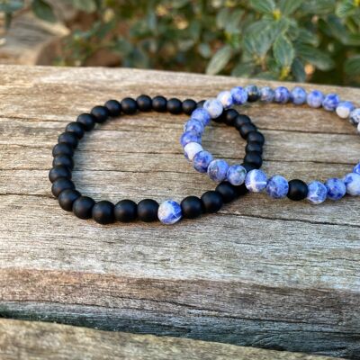 Elastic distance and couple bracelets in matte Agate and Sodalite