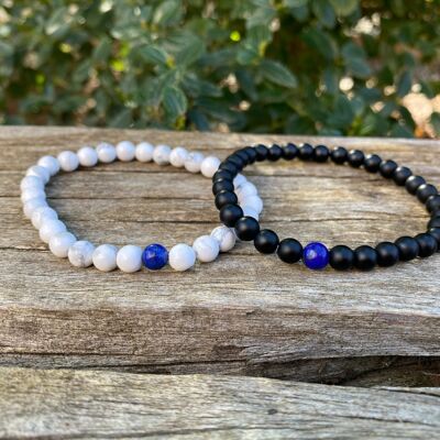 Bracciali elastici distanziatori e coppia in Agata nera, Howlite bianca e Lapislazzuli