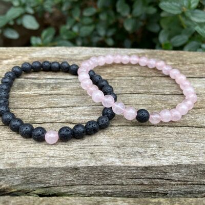 Elastic distance and couple bracelets in Lava Stone and Rose Quartz -