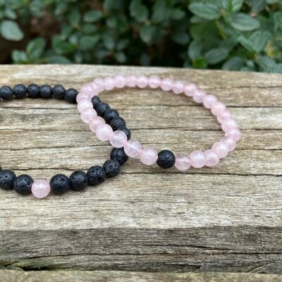 Elastic distance and couple bracelets in Lava Stone and Rose Quartz -