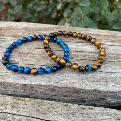 Bracelets élastiques de distance, de couple en Oeil de Tigre bleu Turquoise et marron