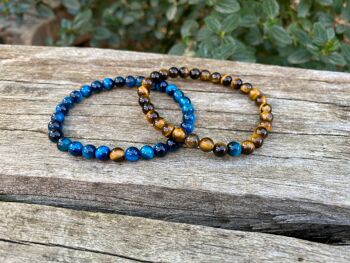 Bracelets élastiques de distance, de couple en Oeil de Tigre bleu Turquoise et marron 1