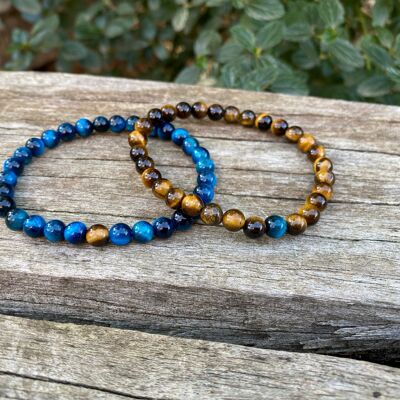 Bracelets élastiques de distance, de couple en Oeil de Tigre bleu Turquoise et marron
