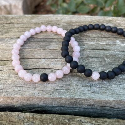 Bracelets élastiques de distance, de couple en Onyx et Quartz rose
