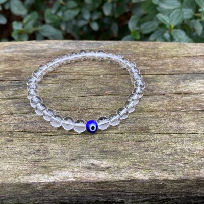 Elastic Lithotherapy Bracelet in Rock Crystal and Turkish Eye Nazar Boncuk - 6mm Beads