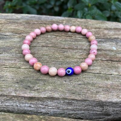 Lithotherapy elastic bracelet in natural Rhodochrosite and Turkish Eye Nazar Boncuk - 6mm beads