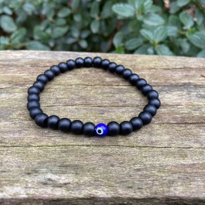 Lithotherapy Elastic Bracelet in Natural Agate and Turkish Eye Nazar Boncuk - 6mm Beads