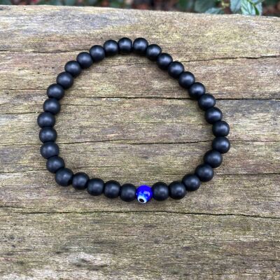 Lithotherapy Elastic Bracelet in Natural Agate and Turkish Eye Nazar Boncuk - 8mm Beads