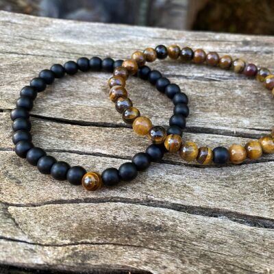 Elastic distance and couple bracelets in Black Agate and Tiger's Eye