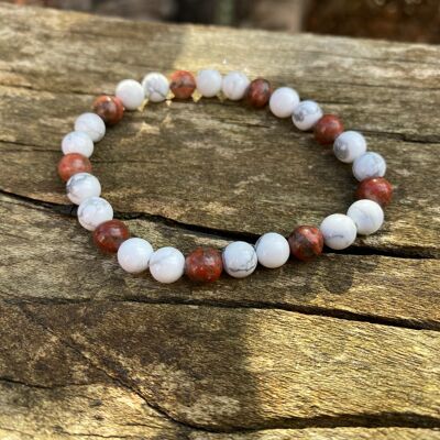 Lithotherapy elastic bracelet in natural Howlite and Red Jasper