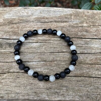 "Triple Protection" Lithotherapy Elastic Bracelet Moonstone, Lava Stone and Onyx