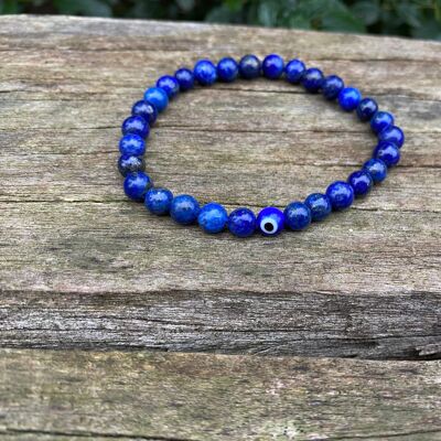 Elastic Lithotherapy Bracelet in Lapis Lazuli and Turkish Eye Nazar Boncuk - 6mm beads