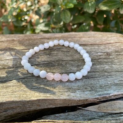 Bracciale elastico per litoterapia in Pietra di Luna naturale e Quarzo Rosa - Perle da 6mm