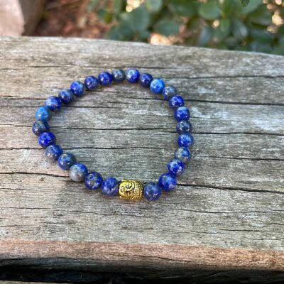 Elastic bracelet in natural Lapis Lazuli + golden Buddha bead - 6mm beads