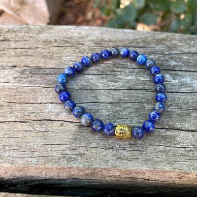 Elastic bracelet in natural Lapis Lazuli + golden Buddha bead - 6mm beads