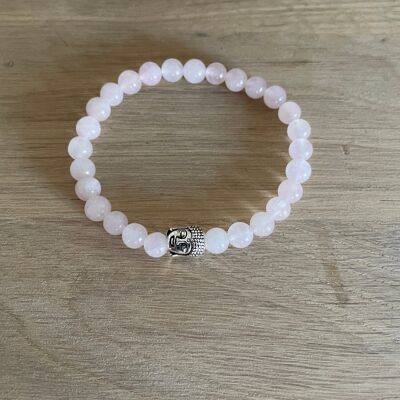 Bracciale elastico per litoterapia al quarzo rosa naturale - Testa di Buddha in argento con perline da 6 mm