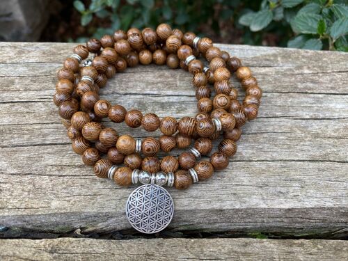 Bracelet Mala tibétain en bois et breloque Fleur de vie