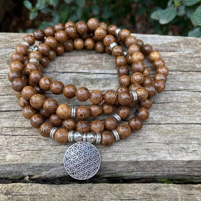 Tibetan wooden Mala bracelet and Flower of life charm