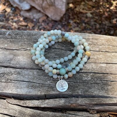 Mala bracelet with 108 Amazonite beads and Tree of Life symbol medallion