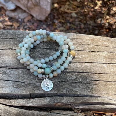 Mala bracelet with 108 Amazonite beads and Tree of Life symbol medallion