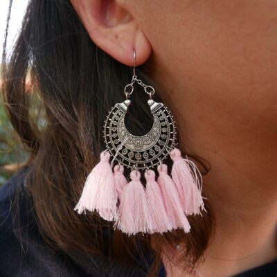 Oriental bohemian earrings in silver lace and pompoms - Pink