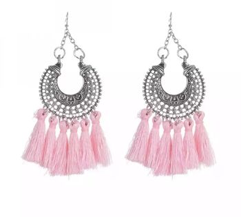 Boucles d'oreilles bohèmes orientales en dentelle d'argent et pompons - Rose 2