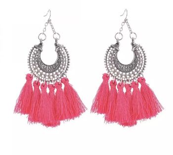 Boucles d'oreilles bohèmes orientales en dentelle d'argent et pompons - Fuchsia 2