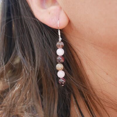 Boucles d'oreilles pendantes "Triple Protection" Quartz Rose, Grenat et Rhodonite