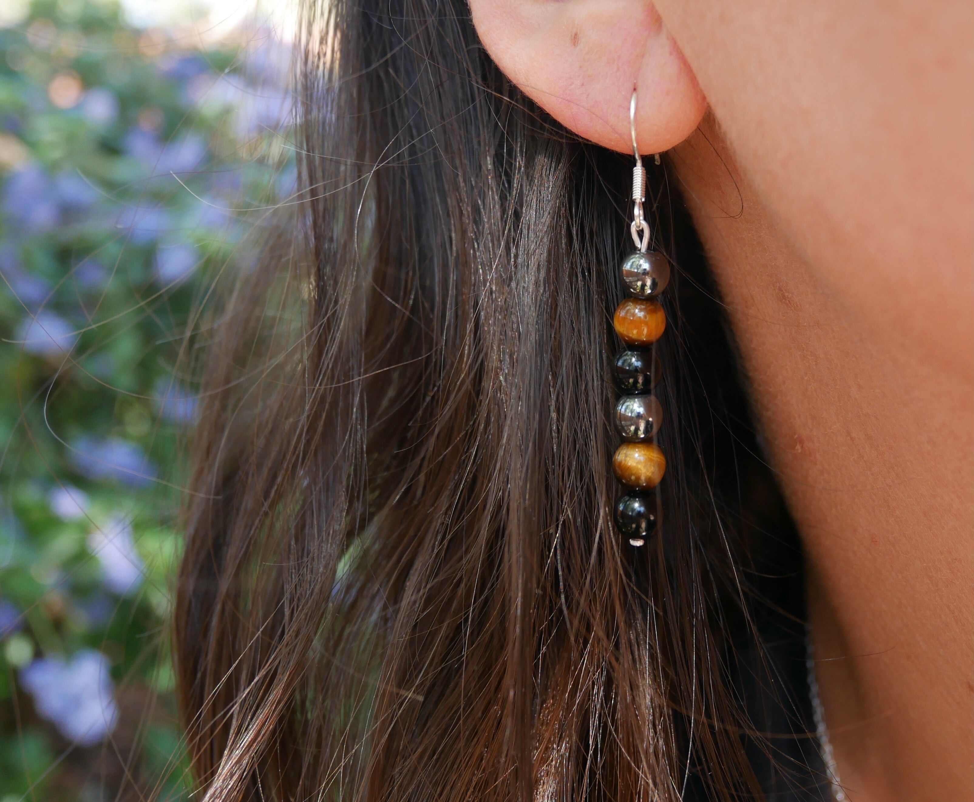 Tiger's Eye, Hematite and Black Onyx "Triple Protection" Dangling Earrings